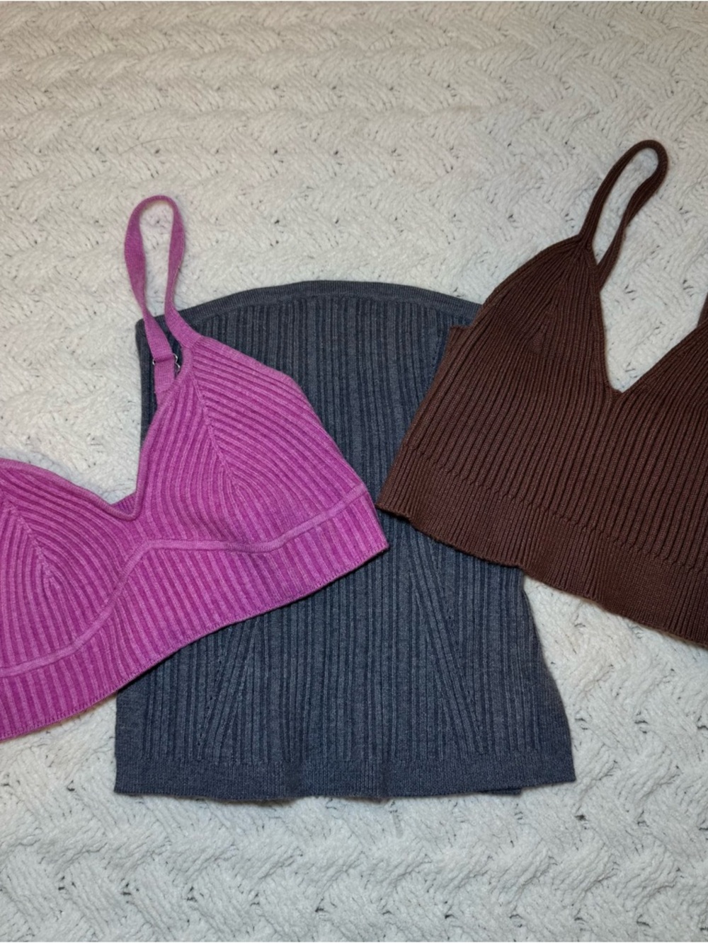 wild fable Ribbed Cropped Tank Trio in Pink, Charcoal, and Brown